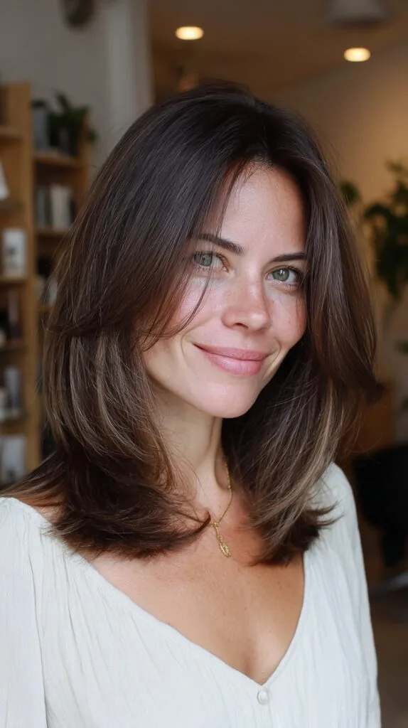 Mid-Length Chocolate Curtain Bangs with Subtle Face-Framing Layers