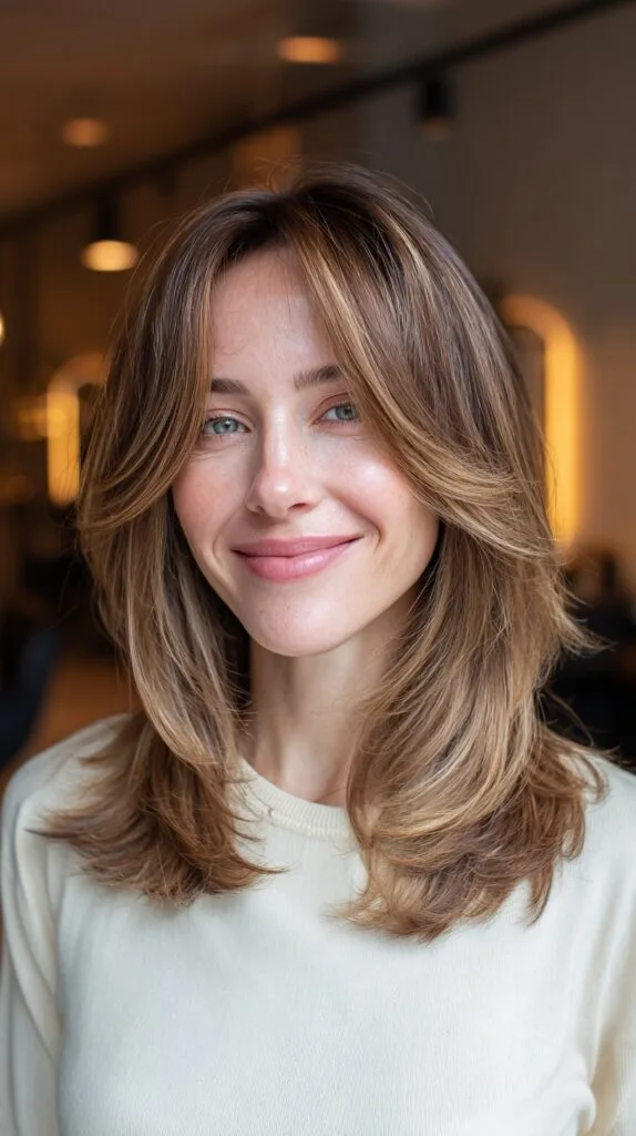 Mid-Length Curtain Bangs with Laddered Feathering and Root Depth