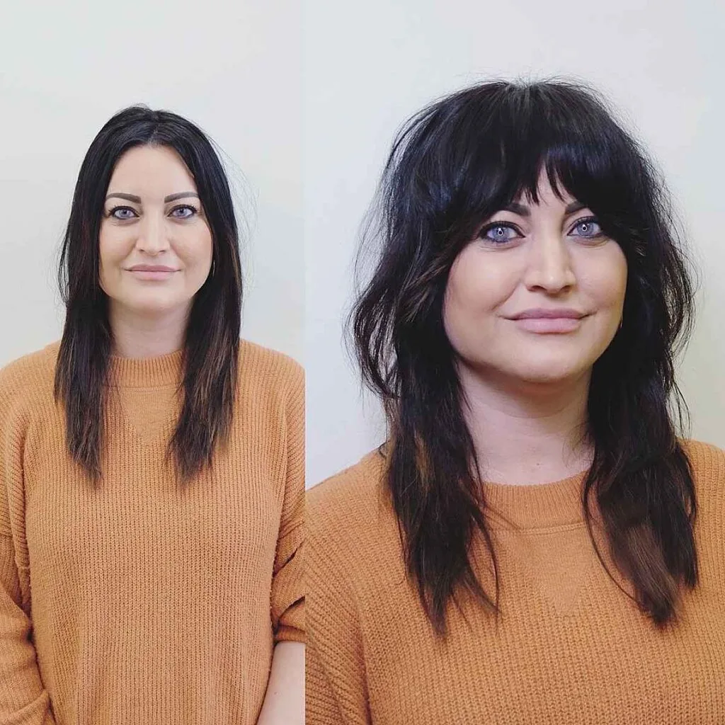Mid-Length Shag with Curtain Bangs for Women Over 40 with Fine Hair
