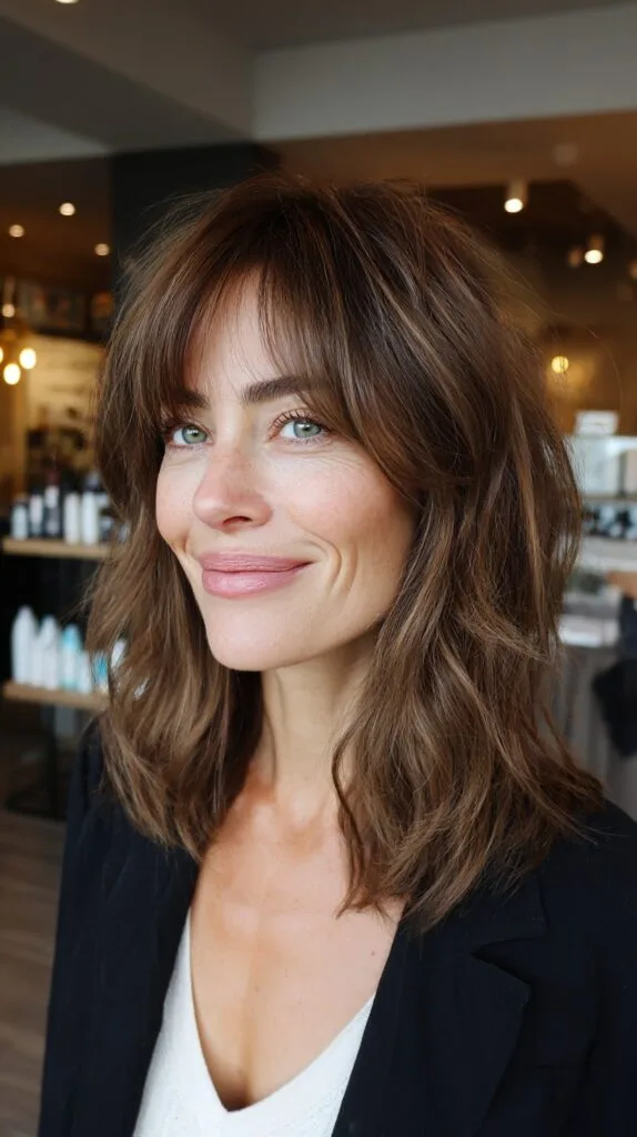 Mid-Length Textured Curtain Bangs with Subtle Babylights