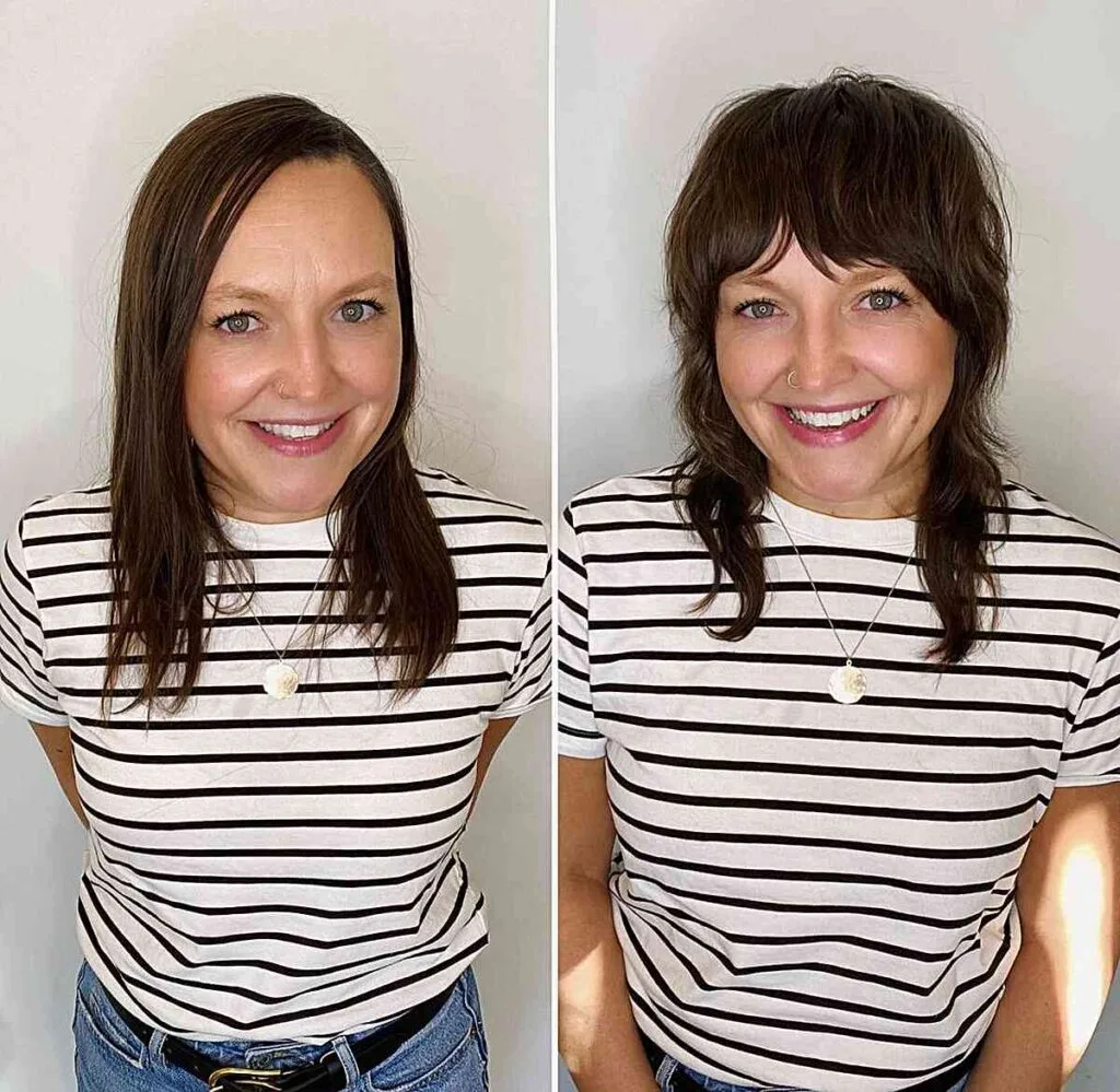 Mid-length Textured Shaggy Hairstyle With Gentle Layers and Bangs for 40-year-old Women