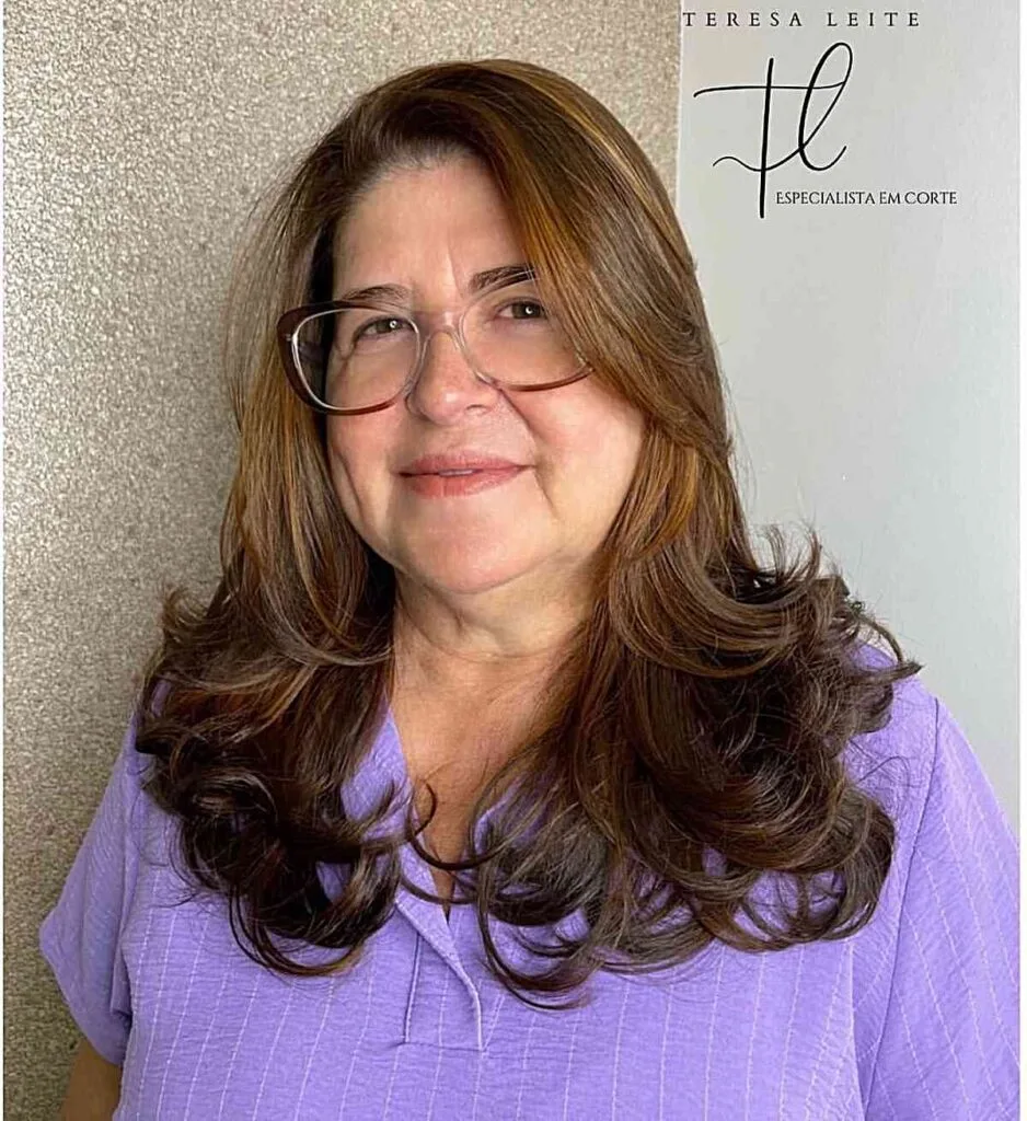 Mid-Long Feathery Swooping Layers for Overweight Women Over 50 with Glasses
