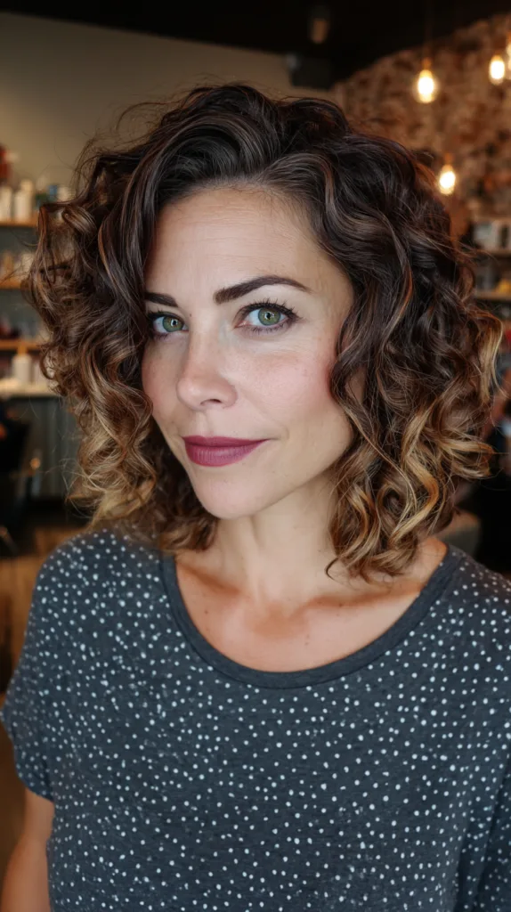 Modern Curly Shoulder-Length Cut with Soft Ombre Highlights