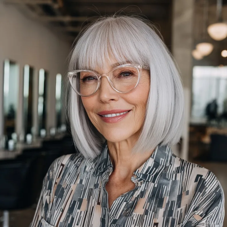 Modern Silver Bob with Brow-Skimming Bangs