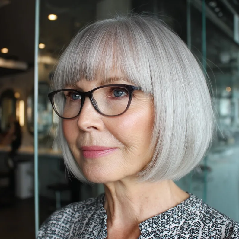 Modern Silvery Bob with Brow-Skimming Bangs