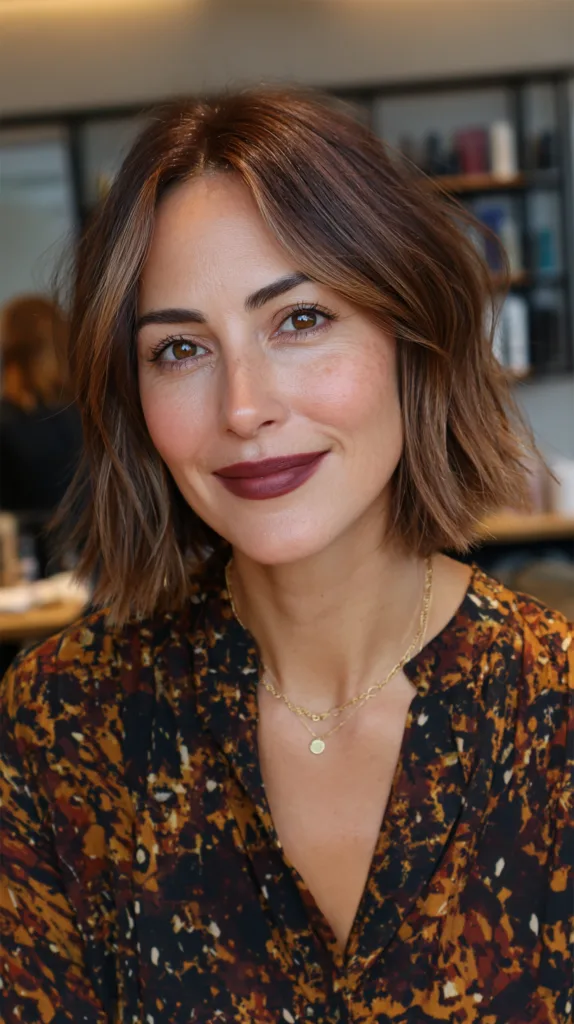 Modern Textured Lob with Warm Caramel Highlights