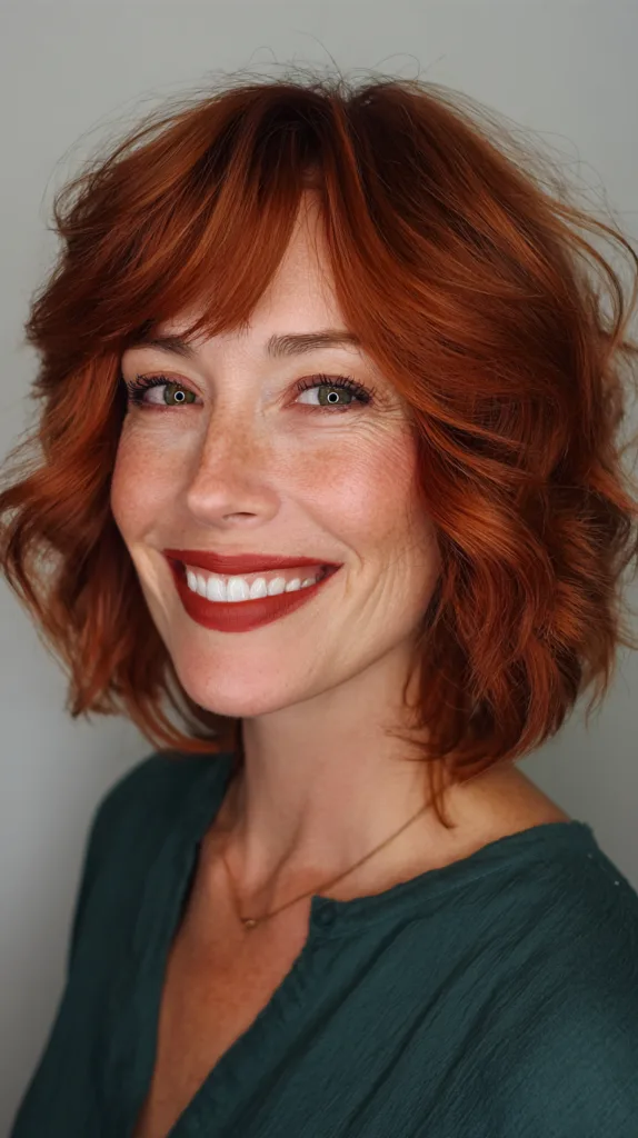 Modern Textured Red Curls with Soft Bangs