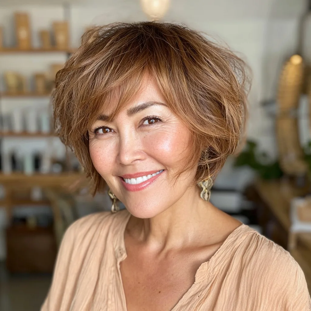Modern Textured Warm Brown Bob with Soft Waves