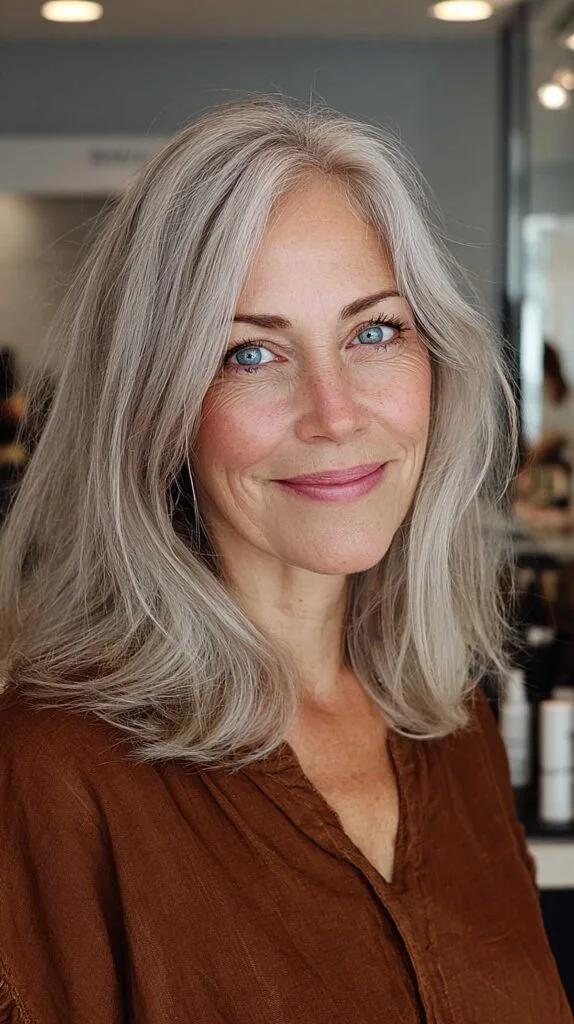 Natural silver medium-length layers with center part