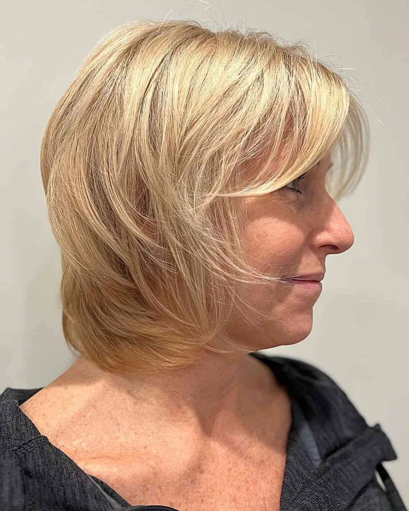Neck-Grazing Wispy Shag with Face-Framing Bangs for Fine-Haired Mature Women