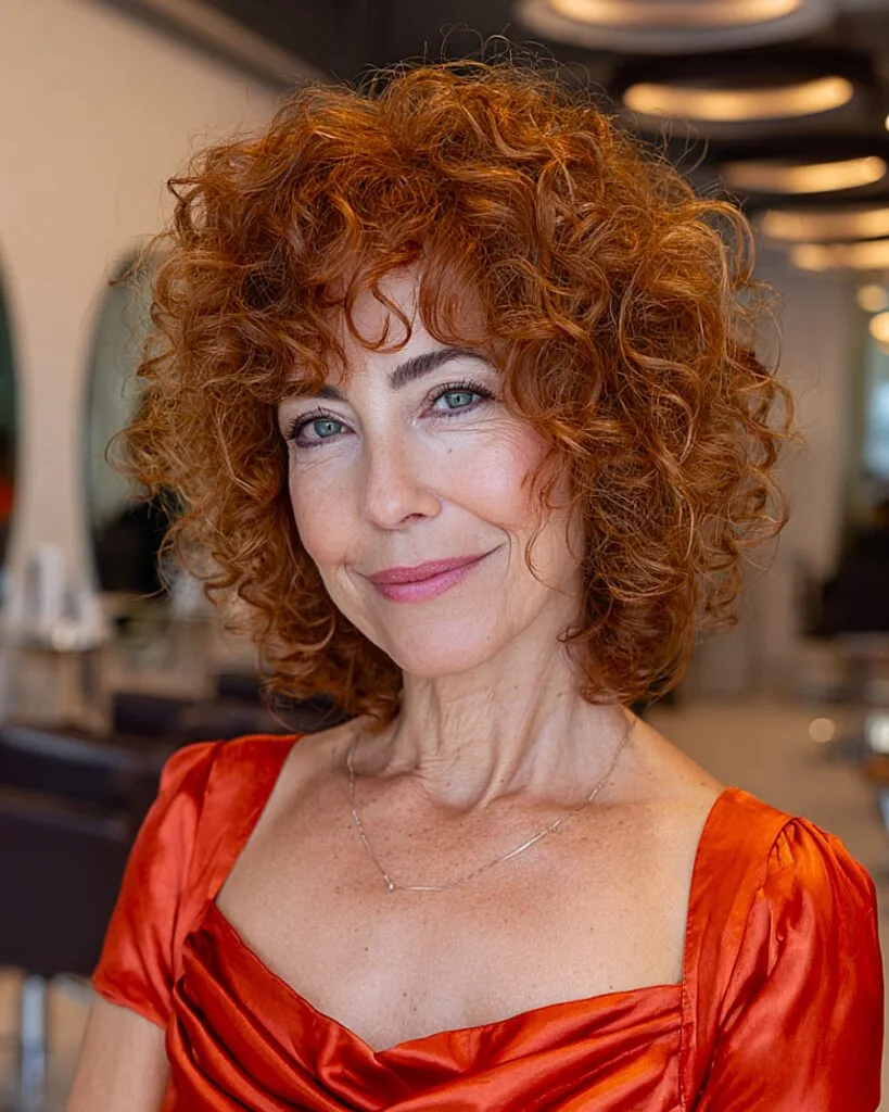 Neck-length red curly hairstyle with wispy bangs for mature women with fine curls
