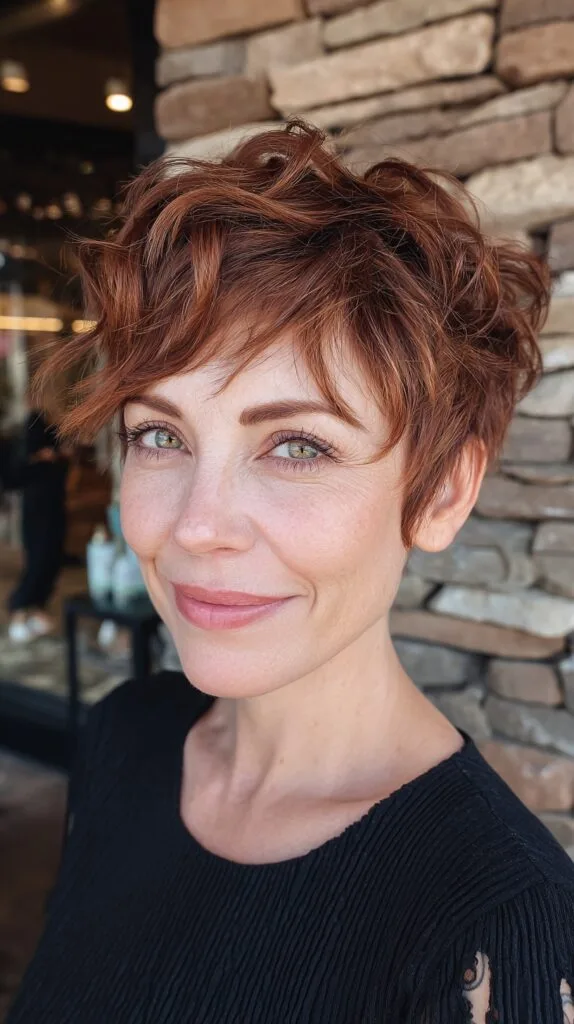 Piecey Copper Pixie with Textured Crown and Soft Short Fringe