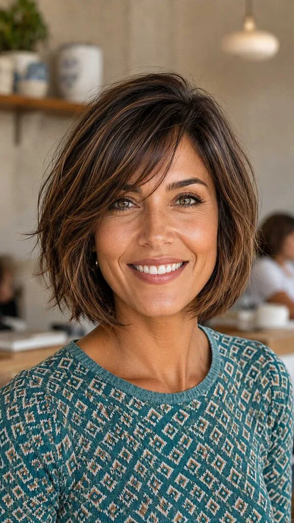 Piecey Short Brunette Bob with Wispy Side Fringe