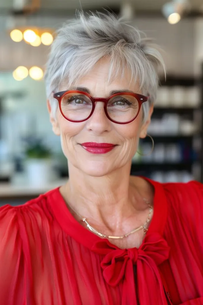 Pixie Hairstyle for Women Over 60 Wearing Glasses