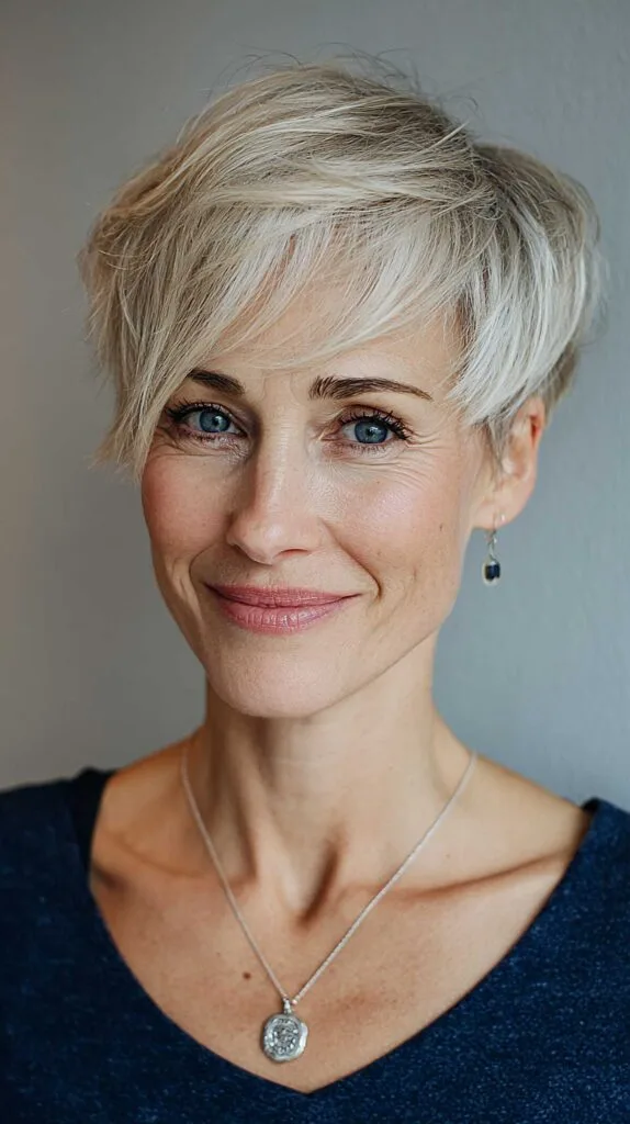 Platinum blonde layered pixie with swept side fringe