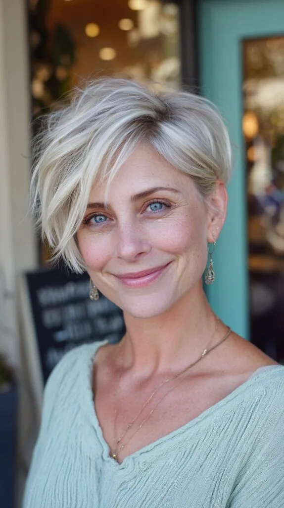 Platinum Side-Swept Stacked Pixie with Root Shadow