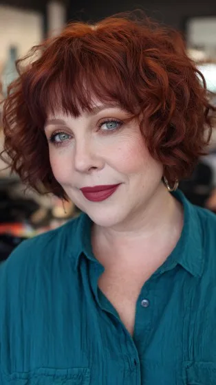 Playful Curly Red Bob with Fringe