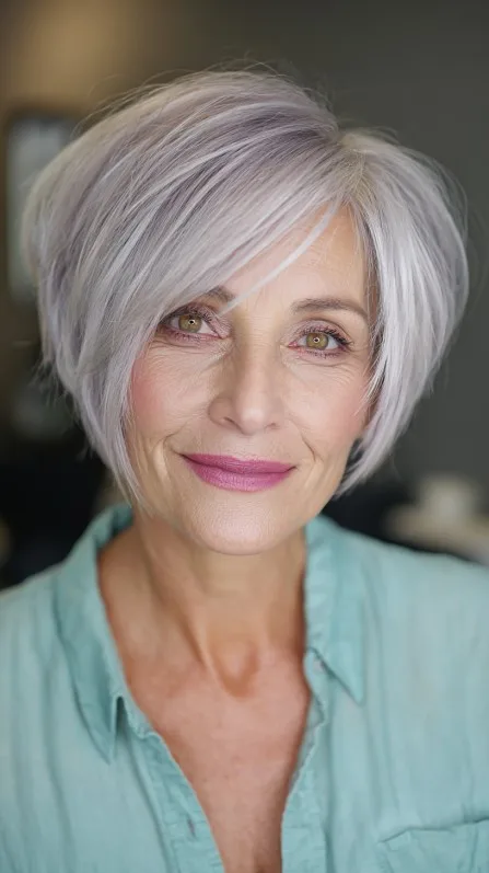 Playful Layered Silver Bob with Subtle Lavender Highlights
