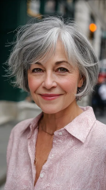 Playful Textured Grey Bob with Soft Volume