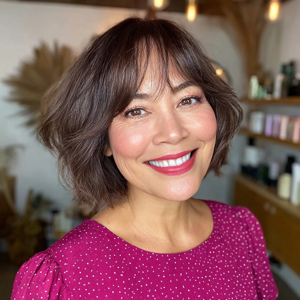 Playful Textured Jaw-Length Bob with Wispy Curtain Bangs