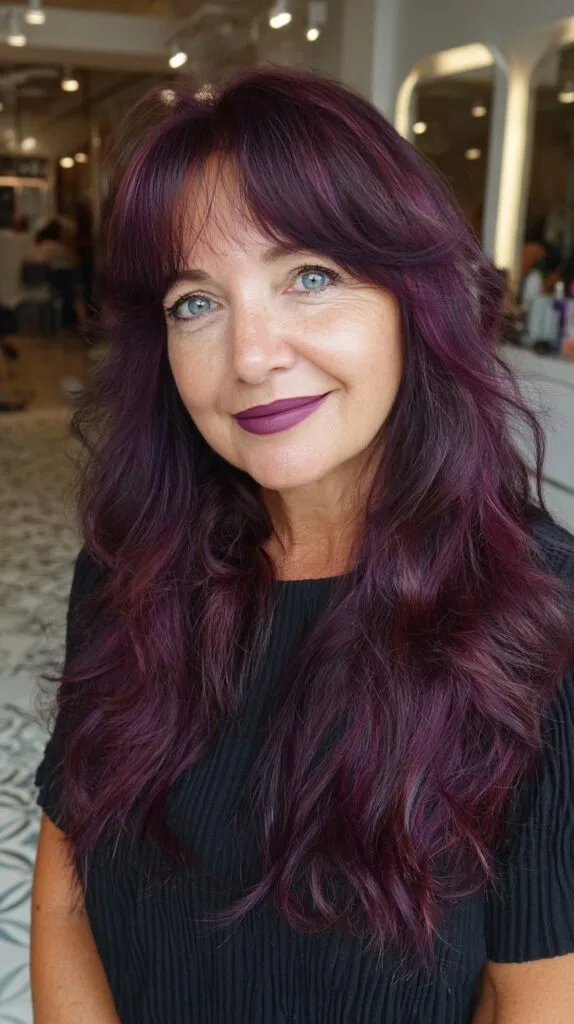 Plum-Infused Long Layered Wolf Cut with Wispy Micro-Fringe