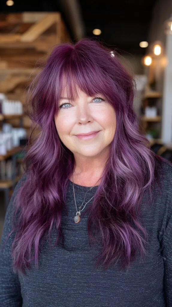 Plum-Painted Long Wolf Cut with Lifted Crown and Soft Curtain Fringe