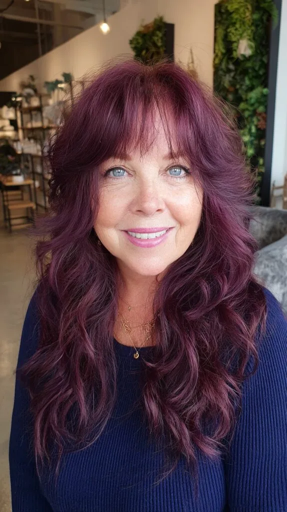 Plum-Toned Long Wolf Cut with Subtle Curtain Micro-Bangs