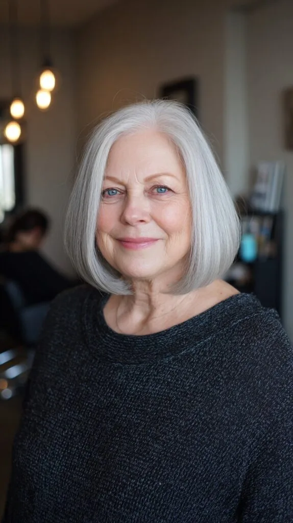 Polished Rounded Chin-Length One-Length Bob with Subtle Interior Bevel