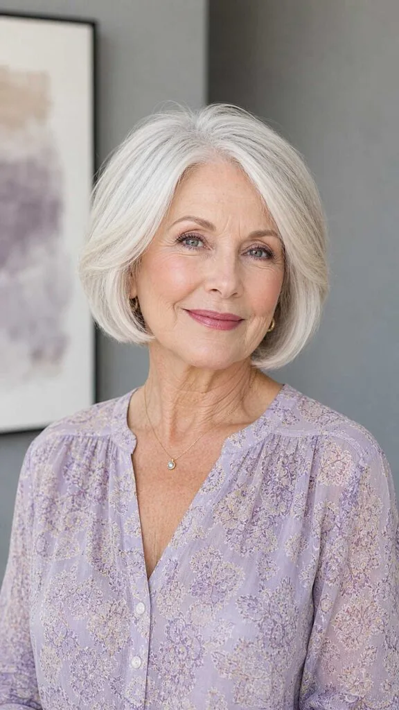 Polished white chin-length bob with a soft wave