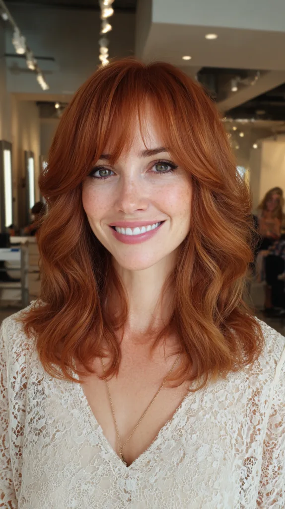 Radiant Layered Copper Waves with Soft Bangs