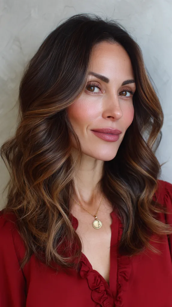 Radiant Long Brunette Waves with Sun-Kissed Highlights