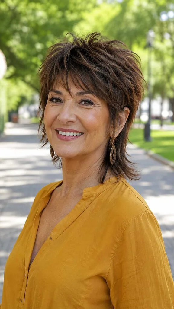 Razor-Cut Brunette Shag with Wispy Nape Length