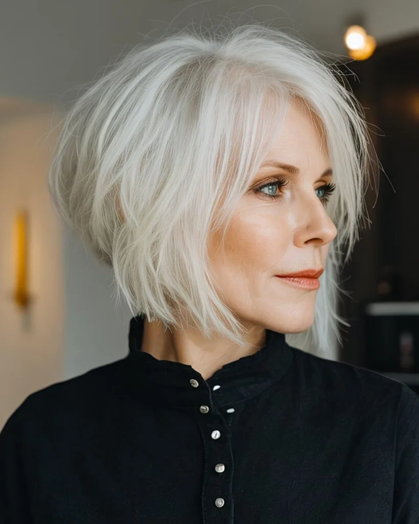 Razor-cut edgy angled bob for older women with fine white hair and feathered layers