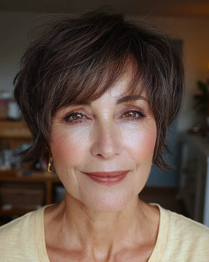 Razor-cut pixie bob with wispy fringe on a mature woman