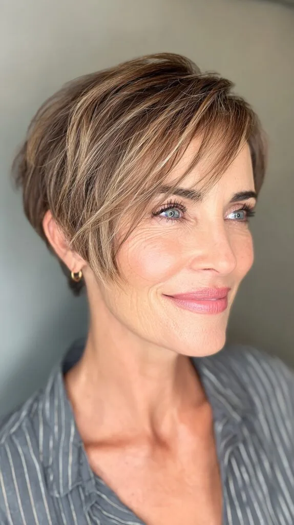 Refined Brunette Pixie with Subtle Highlights