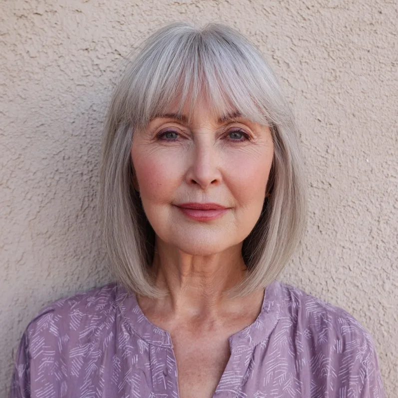 Refined Silver Blunt Bob with Soft Fringe