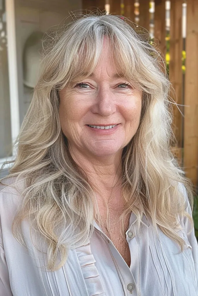 Refreshing long curtain bangs hairstyle for women over sixty with fine hair