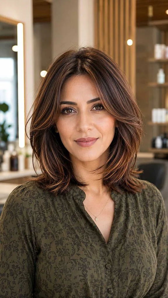 Rich Brunette Layered Lob with Curtain Face Layers