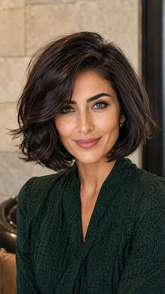 Rich Dark Espresso Layered Bob with Undone Waves