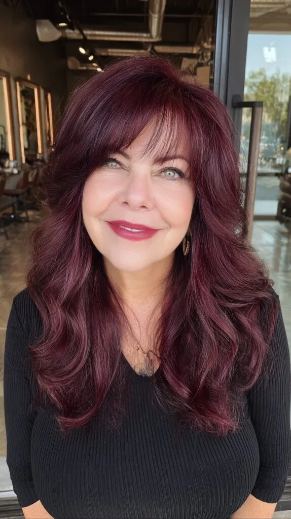 Root-Softened Plum Long Wolf Cut with Face-Framing Fringe