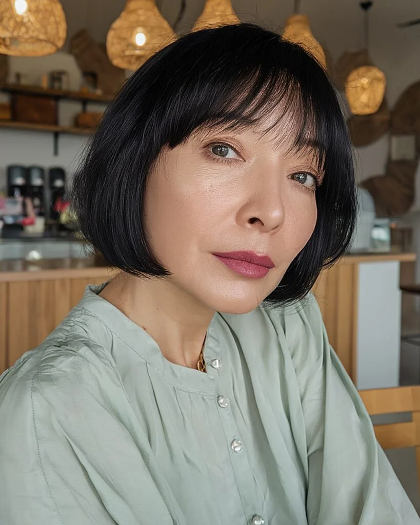 Rounded short bob with soft bangs for sleek black hair and mature face framing