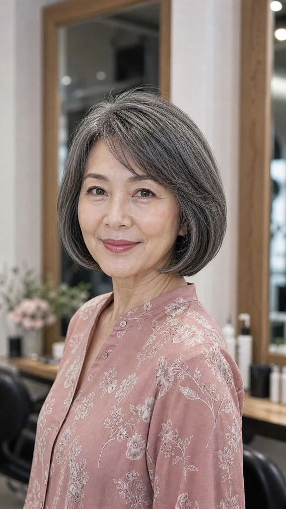 Salt and pepper chin-length bob with inward curve
