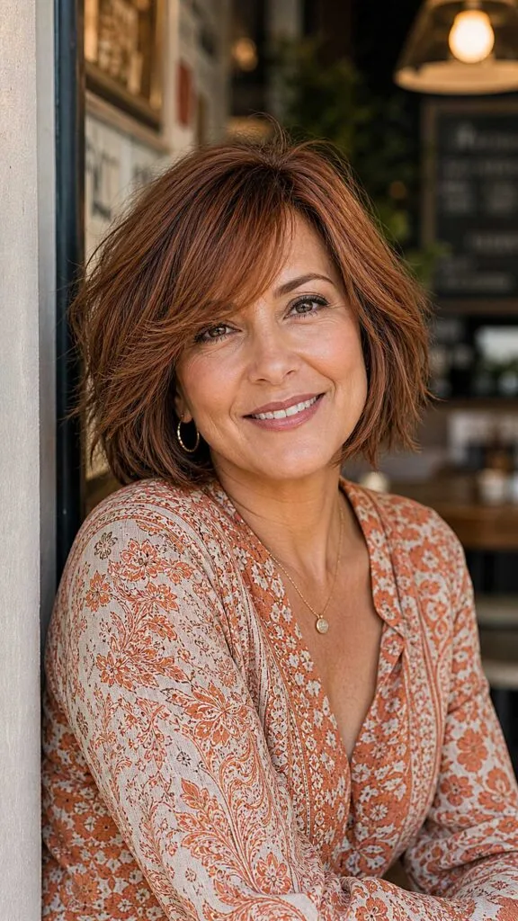 Shaggy auburn bob with copper tones and bangs