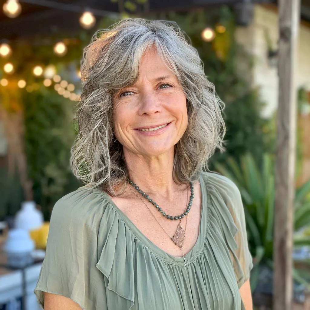 Shaggy bob haircut with medium layers, featuring natural gray hair and soft waves for a modern, effortless style