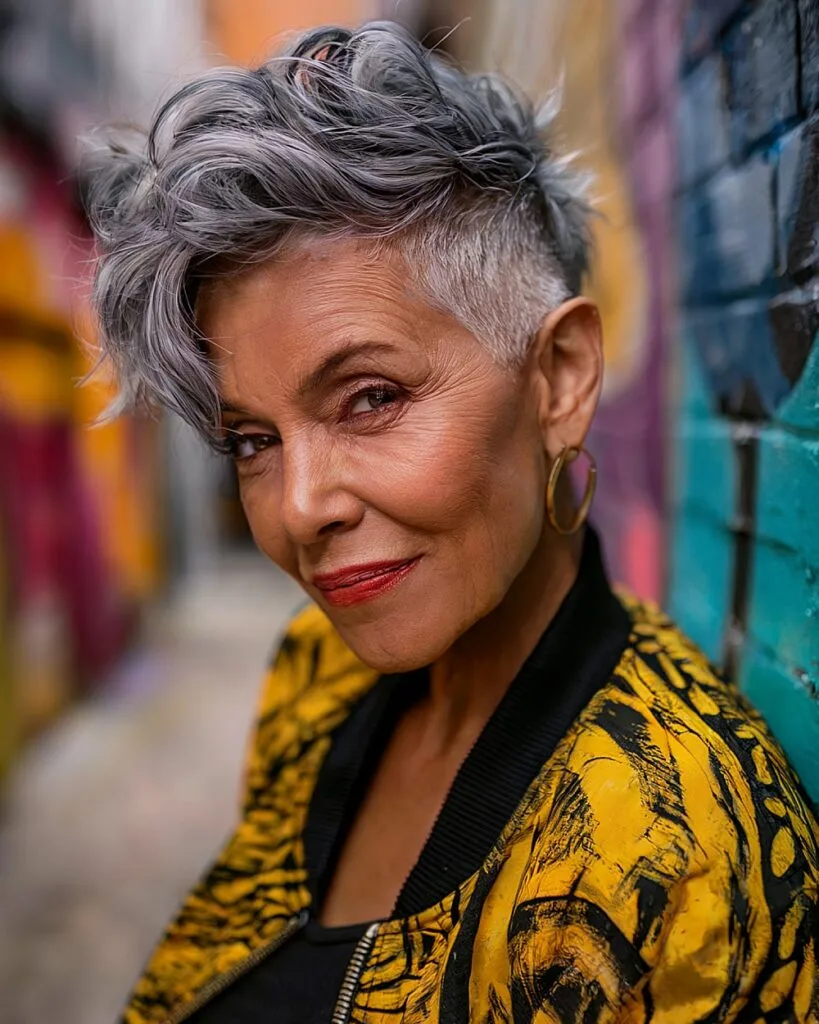 Shaved sides with voluminous curly top in funky silver-grey pixie for over 60