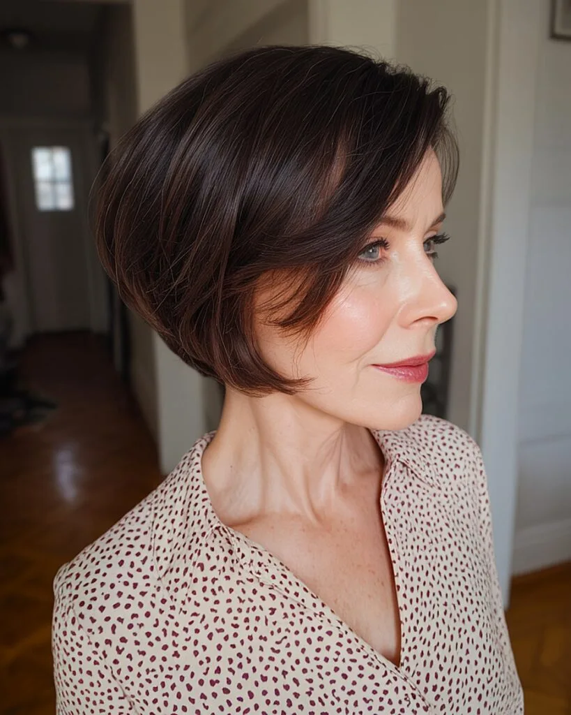 Short angled bob for older women with sleek finish and soft face-framing layers