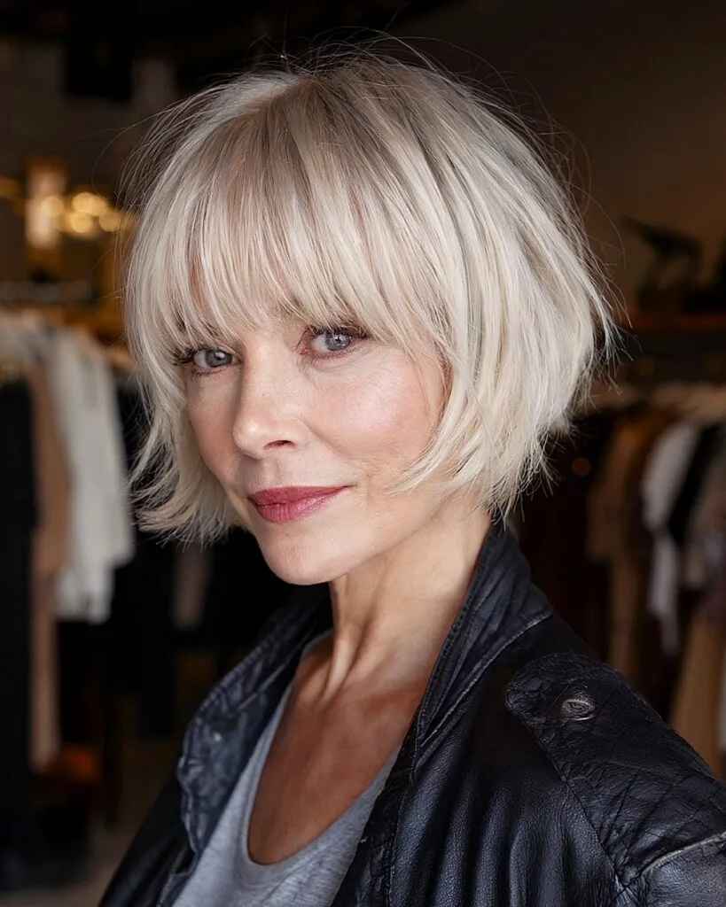 Short blonde bob with bangs for women over 40 with fine, light-colored hair