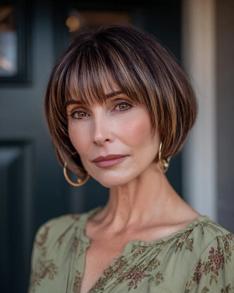 Short blunt mini bob with rounded edges and straight fringe for women over 50