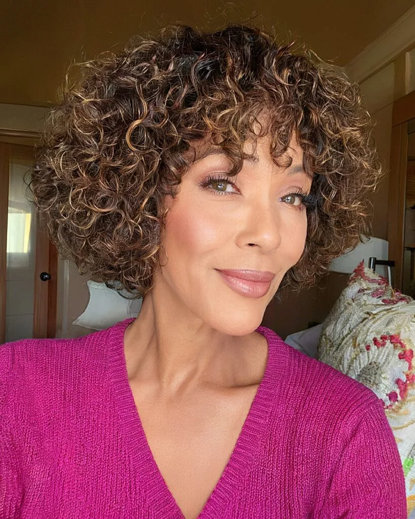 Short bob with fringe and volume for curly hair over 40 with natural definition