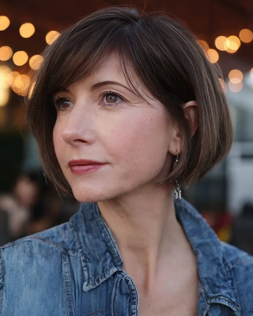 Short bob with side swept bangs for fine hair and natural movement over 40